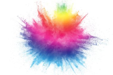 Multicolored particles explosion on white background. Colorful dust splatter on white background. clipart