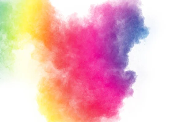 Veelkleurige Deeltjes Ontploffen Witte Achtergrond Kleurrijke Stofspetters Witte Achtergrond — Stockfoto