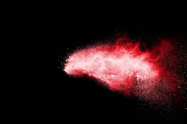 Esplosione Polvere Colore Rosso Sfondo Nero Movimento Congelamento Particelle Polvere — Foto Stock