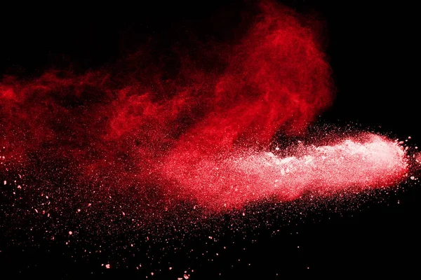 Esplosione Polvere Colore Rosso Sfondo Nero Movimento Congelamento Particelle Polvere — Foto Stock