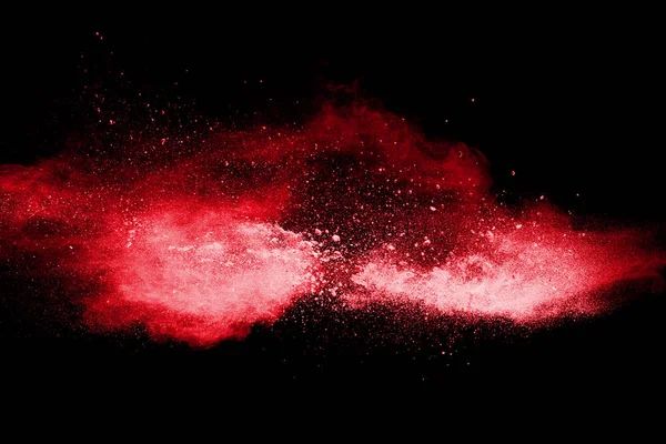 Esplosione Polvere Colore Rosso Sfondo Nero Movimento Congelamento Particelle Polvere — Foto Stock