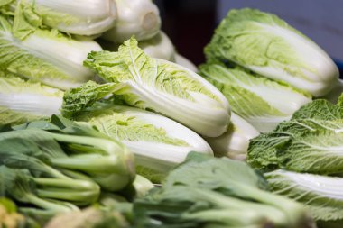 Bir yığın Çin Lahanası. Pazarda beyaz lahana.