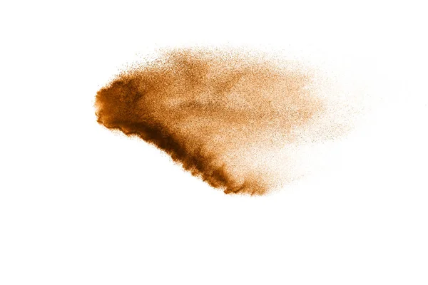 Abstrakte Braune Farbe Sand Splash Auf Weißem Hintergrund Braune Staubpartikel — Stockfoto