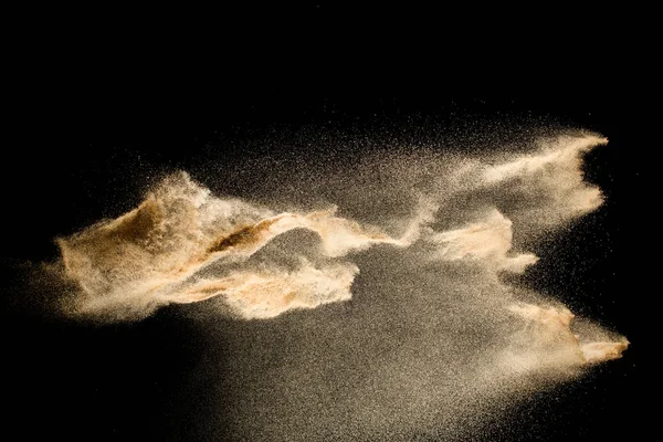 Abstraktní Písečný Mrak Zlatavě Zbarvený Písek Šplouchne Tmavým Pozadím Vzduchu — Stock fotografie