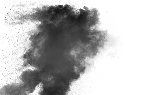 Schwarzpulverexplosion Auf Weißem Hintergrund Schwarze Staubpartikel Spritzen — Stockfoto
