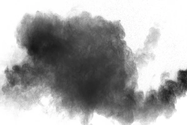 Explosão Pólvora Preta Contra Fundo Branco Partículas Poeira Preta Salpicando — Fotografia de Stock