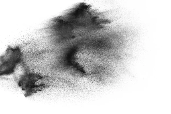 Zwarte Zand Explosie Tegen Witte Achtergrond Deeltjes Van Zand Spetterde — Stockfoto