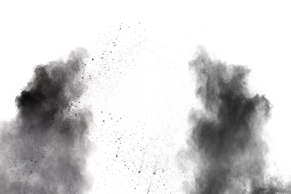 Explosão Preto Fundo Branco Partículas Poeira Preta Respingo — Fotografia de Stock