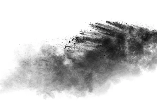 Έκρηξη Μαύρης Σκόνης Λευκό Φόντο Μαύρες Πιτσιλιές Σωματιδίων Σκόνης — Φωτογραφία Αρχείου
