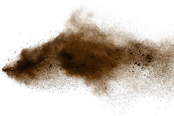 Particelle Brune Profonde Schizzate Sfondo Bianco Spruzzi Polvere Marrone — Foto Stock