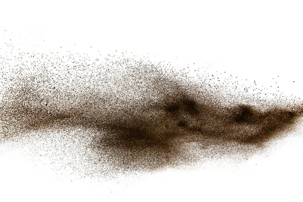 Tiefbraune Partikel Spritzten Auf Weißem Hintergrund Brauner Staubspritzer — Stockfoto