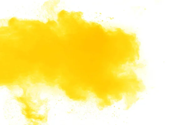 Streszczenie Żółty Pomarańczowy Proszek Wybuchu Białym Tle Zamrożenie Ruchu Cząstek — Zdjęcie stockowe