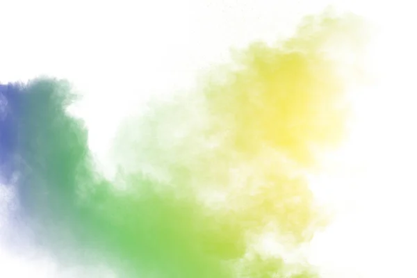 Veelkleurige Poeder Explosie Witte Achtergrond Lanceerde Kleurrijke Deeltjes Achtergrond — Stockfoto