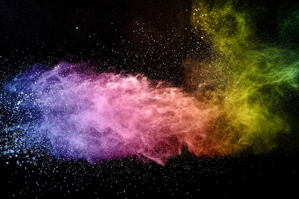 Abstraktes Buntes Pulver Explodiert Auf Schwarzem Hintergrund Farbstaubpartikel Auf Hintergrund — Stockfoto