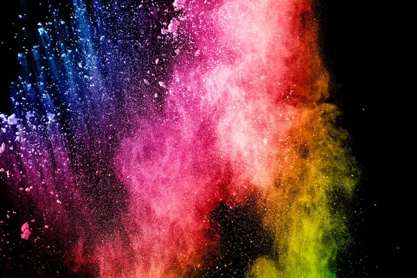 Abstraktes Buntes Pulver Explodiert Auf Schwarzem Hintergrund Farbstaubpartikel Auf Hintergrund — Stockfoto