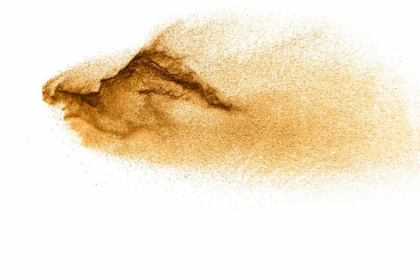 Droge Rivierzand Explosie Bruin Kleur Zand Splash Tegen Witte Achtergrond — Stockfoto
