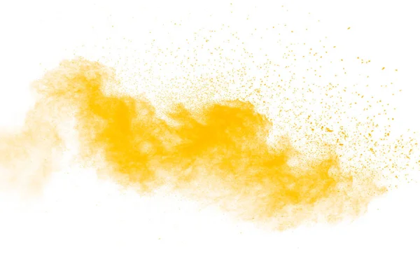 Streszczenie Żółty Wybuch Proszku Białym Tle Zamrożenie Ruchu Cząstek Pyłu — Zdjęcie stockowe
