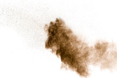 Kahverengi toz hareket durdurma. Beyaz arka plan üzerinde patlayıcı kahverengi toz.