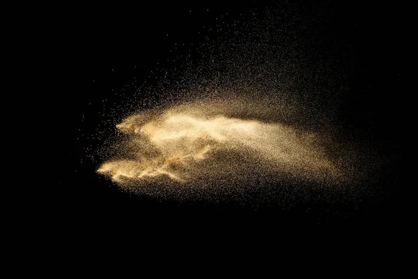 Brown Secco Fiume Esplosione Sabbia Isolata Sfondo Nero Spruzzi Sabbia — Foto Stock