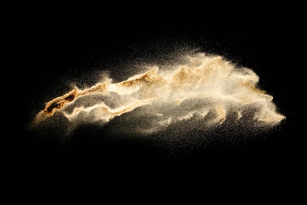 Zand Explosie Geïsoleerd Zwarte Achtergrond Freeze Beweging Van Sandy Dust — Stockfoto