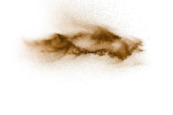 Bruine Droge Rivier Zand Explosie Geïsoleerd Witte Achtergrond Abstracte Zandspatten — Stockfoto