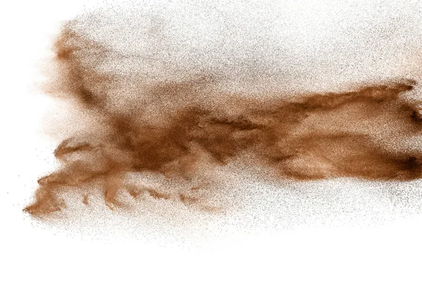 Brown Secco Fiume Esplosione Sabbia Isolata Sfondo Bianco Spruzzi Astratti — Foto Stock