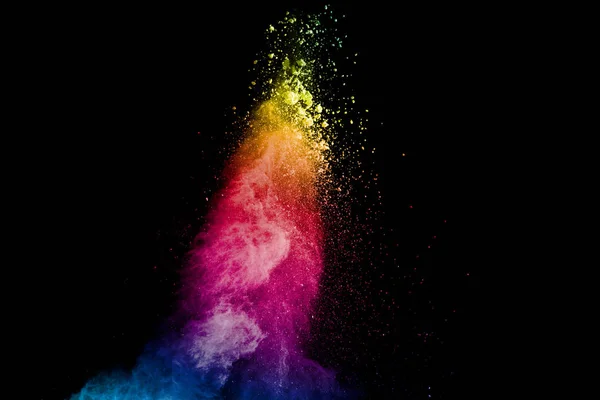 Buntes Pulver Explodiert Auf Schwarzem Hintergrund Abstrakte Pastellfarbe Staubpartikel Spritzen — Stockfoto