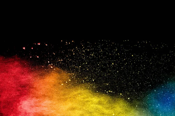 Buntes Pulver Explodiert Auf Schwarzem Hintergrund Abstrakte Pastellfarbe Staubpartikel Spritzen — Stockfoto