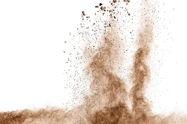 Bruine Stofexplosie Troebel Bruine Deeltjes Spatten Witte Achtergrond — Stockfoto