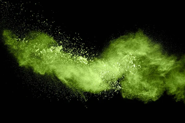 Explosion Particules Poussière Jaune Vert Sur Fond Noir Poudre Poussière — Photo