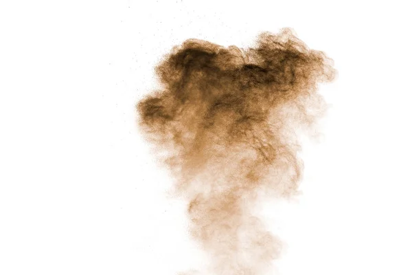 褐色粉末爆炸的冻结运动 白背景下褐尘云的文摘设计 — 图库照片