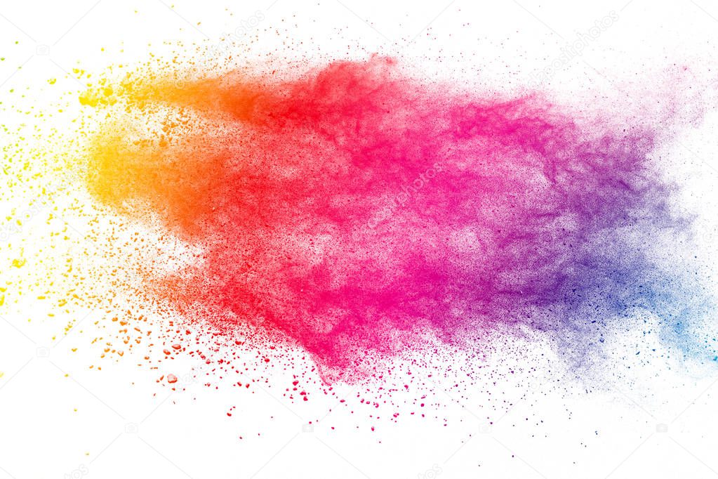 Colorful background of pastel powder explosion.Multi colored dust splash on white background.Painted Holi.