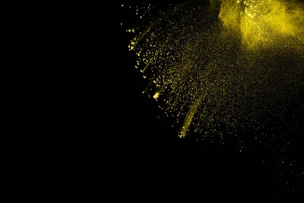 Esplosione Particelle Polvere Gialla Sfondo Nero — Foto Stock