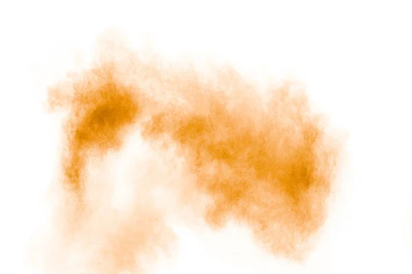 概要白色背景の薄いオレンジ色の粉体爆発 軽いオレンジ色の塵粒子の凍結運動 — ストック写真