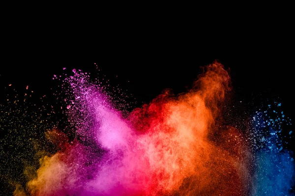 Abstrakte Bunte Pulverexplosion Auf Schwarzem Hintergrund Bunte Staubpartikel Spritzen Auf — Stockfoto