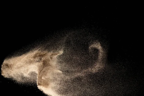 Bruin Gekleurde Zand Spat Droge Rivier Zand Explosie Geïsoleerd Zwarte — Stockfoto