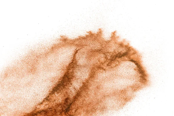 白を基調にしたココカラーの粒子が広がります 白い背景に深い茶色の塵のスプラッシュ — ストック写真