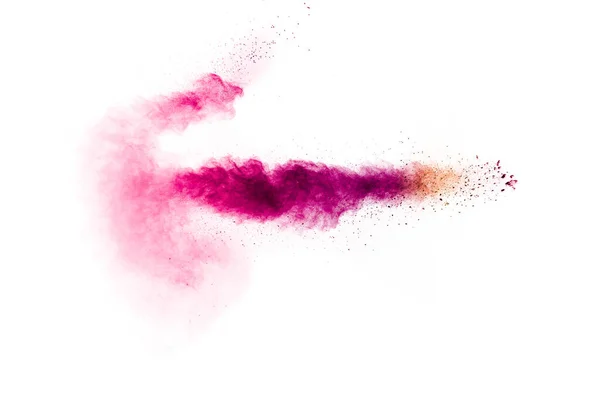 Explosion Rosa Pulvers Auf Weißem Hintergrund Pinkfarbene Staubwolken Bunte Teilchen — Stockfoto