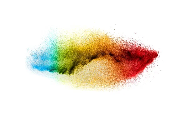 Wielokolorowy Wybuch Proszku Białym Tle Uruchomiono Kolorowe Bryzgi Pyłu — Zdjęcie stockowe