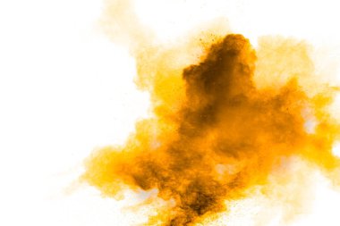 Beyaz arkaplanda turuncu sarı toz patlaması.