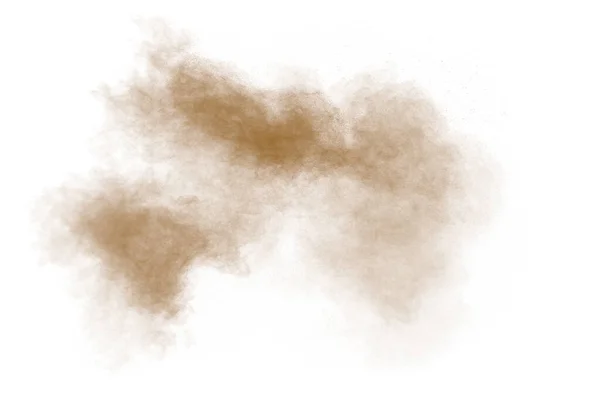 褐色の塵の爆発の凍結運動 茶色の粉の動きを停止します 白い背景に爆発性の茶色の粉 白い背景に乾いた土の破片 — ストック写真
