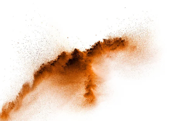 Καστανή Σκόνη Που Εκρήγνυται Νέφος Καστανά Σωματίδια Σκορπίστηκαν Λευκό Φόντο — Φωτογραφία Αρχείου