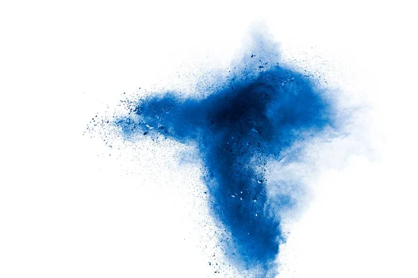 Abstraktes Blaues Pulver Explodiert Auf Weißem Hintergrund Blaue Staubpartikel Spritzen — Stockfoto