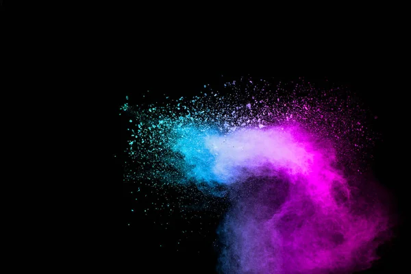 Explosión Polvo Color Rosa Azul Aislado Sobre Fondo Negro Salpicadura — Foto de Stock