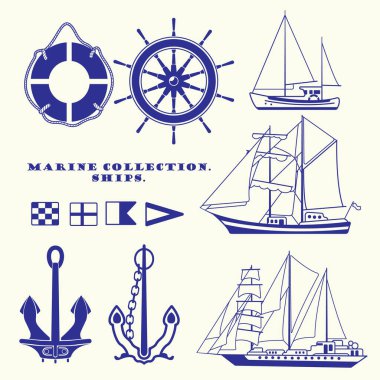 Denizcilik temasında bir takım izole elementler. Gemiler. Vektör grafikleri.