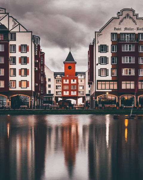 Dramatic View Calm River Reflection Buildings Facades Cloudy Sky Background — Stock Photo, Image