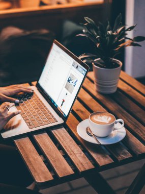 Masada dizüstü bilgisayar kullanan genç bir kadın.