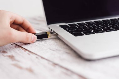 Kadın el dizüstü bilgisayara takarak usb flash girme