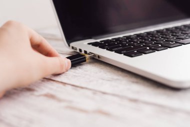 Kadın el dizüstü bilgisayara takarak usb flash girme