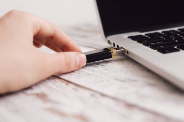 Kadın el dizüstü bilgisayara takarak usb flash girme